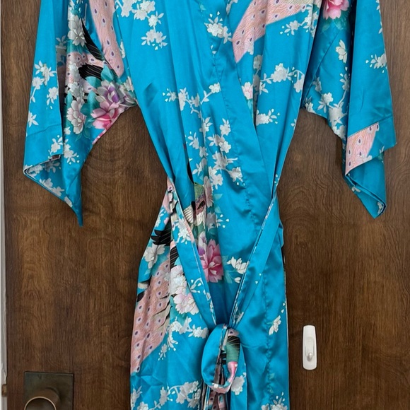 Applesauce teal blue satin peacock floral silk-like belted robe, one size boho - Picture 3 of 16